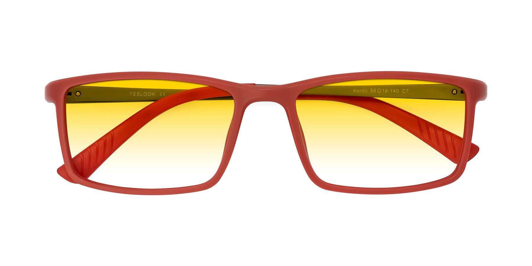 Folded Front of Kordii in Matte Red/Silver with Yellow Gradient Lenses