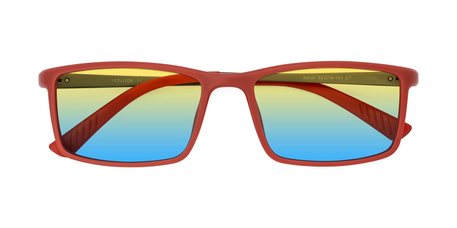 Folded Front of Kordii in Matte Red/Silver with Yellow / Blue Gradient Lenses