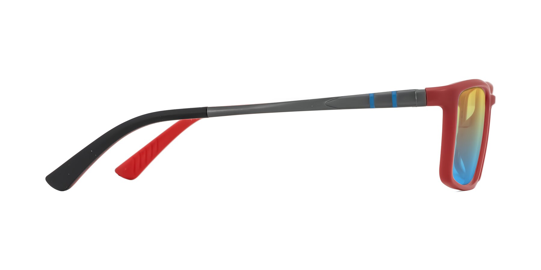 Side of Kordii in Matte Red/Silver with Yellow / Blue Gradient Lenses
