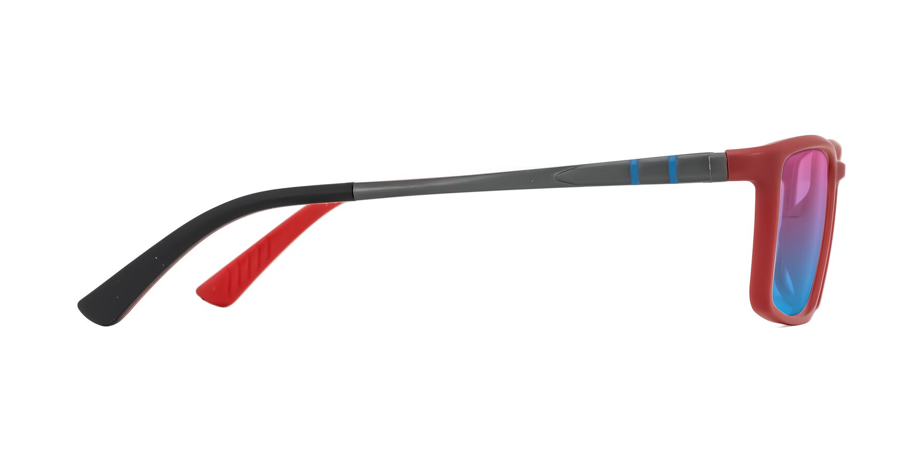 Side of Kordii in Matte Red/Silver with Pink / Blue Gradient Lenses