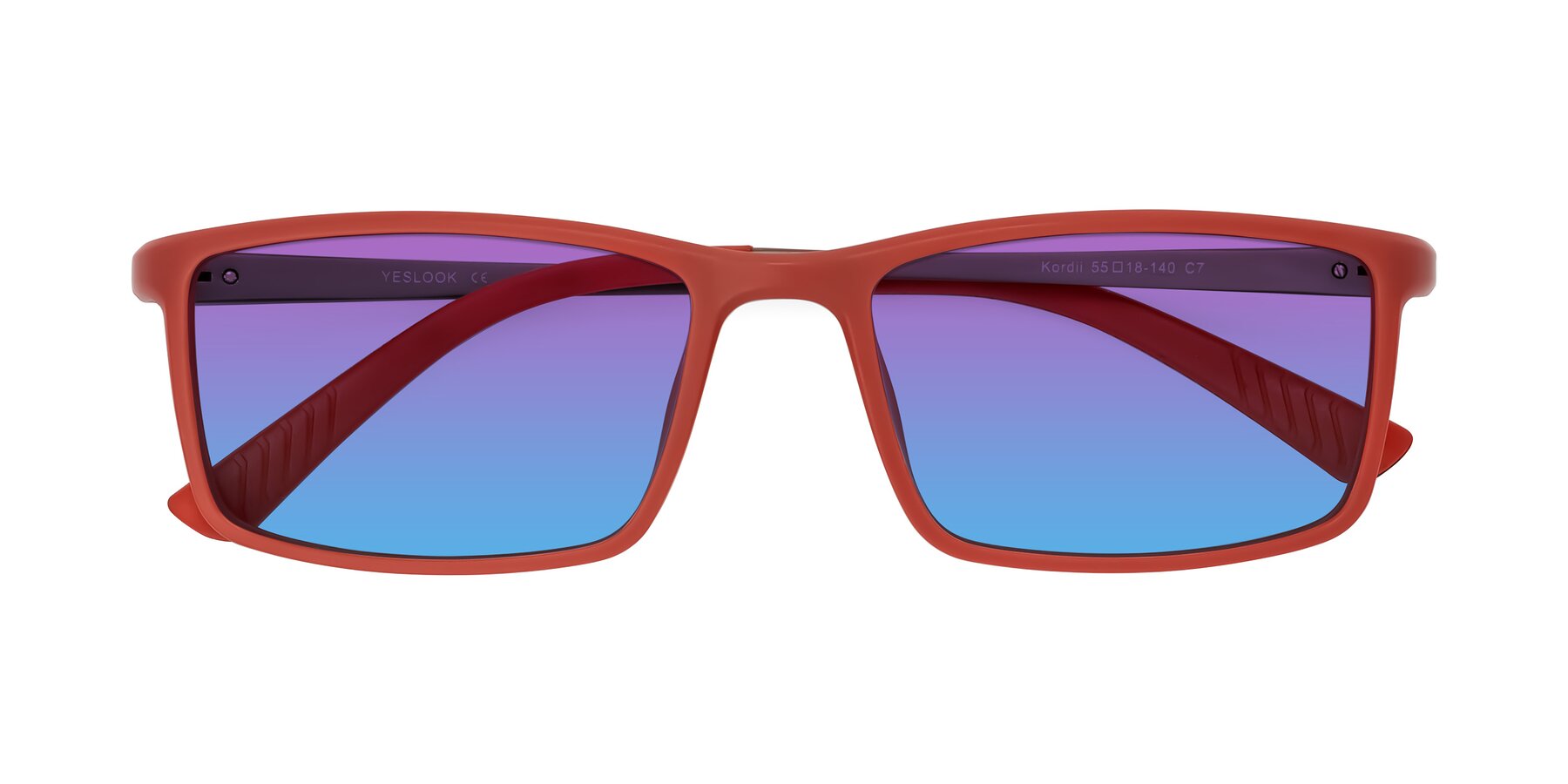 Folded Front of Kordii in Matte Red/Silver with Purple / Blue Gradient Lenses