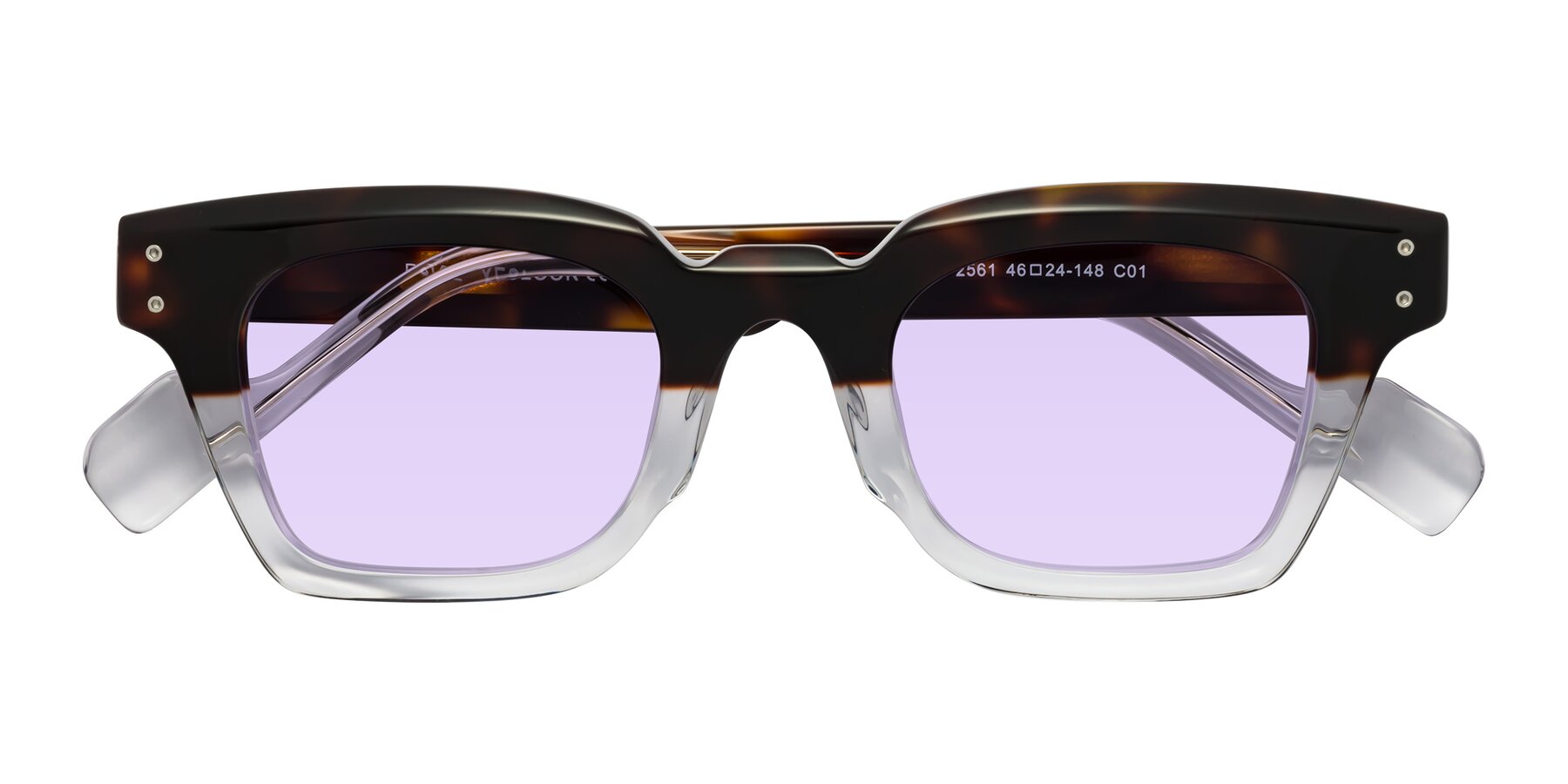 Folded Front of Perez in Dark Tortoise/Clear with Light Purple Tinted Lenses