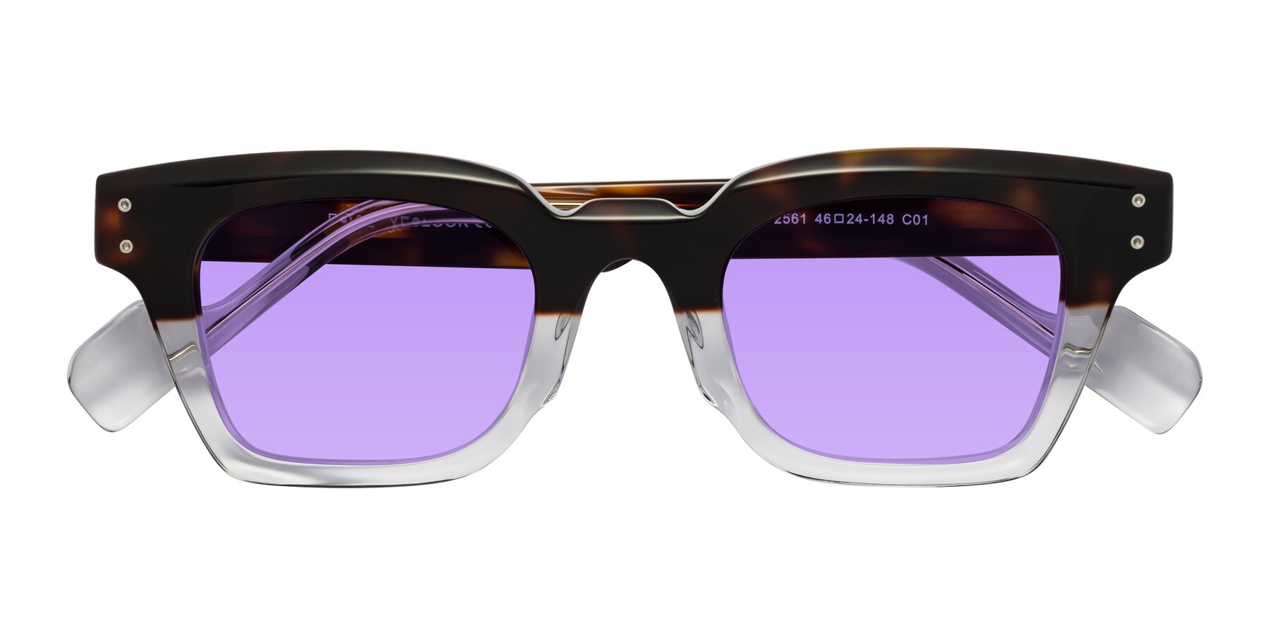 Folded Front of Perez in Dark Tortoise/Clear with Medium Purple Tinted Lenses
