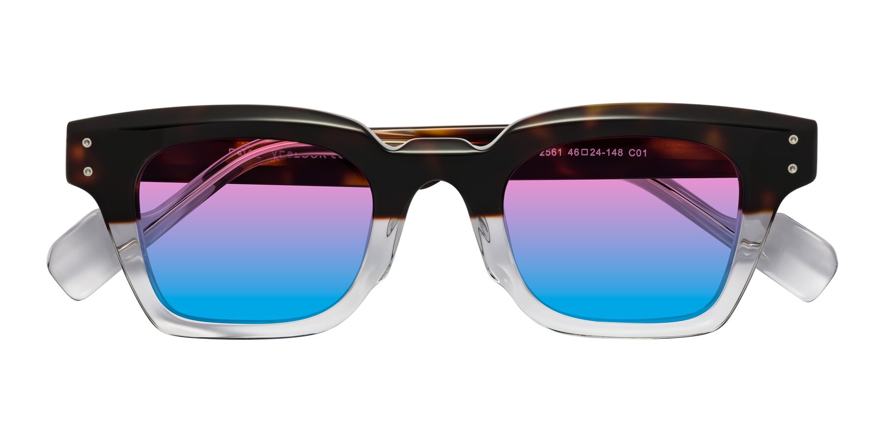 Folded Front of Perez in Dark Tortoise/Clear with Pink / Blue Gradient Lenses