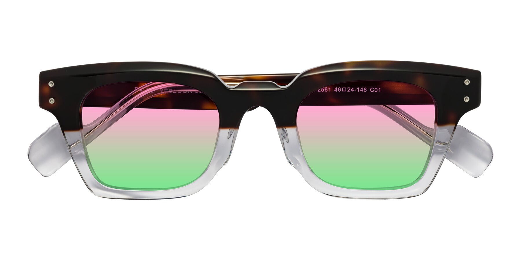 Folded Front of Perez in Dark Tortoise/Clear with Pink / Green Gradient Lenses