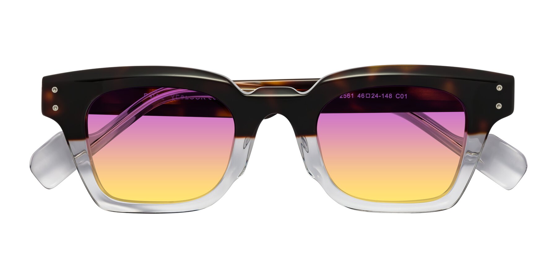 Folded Front of Perez in Dark Tortoise/Clear with Purple / Yellow Gradient Lenses