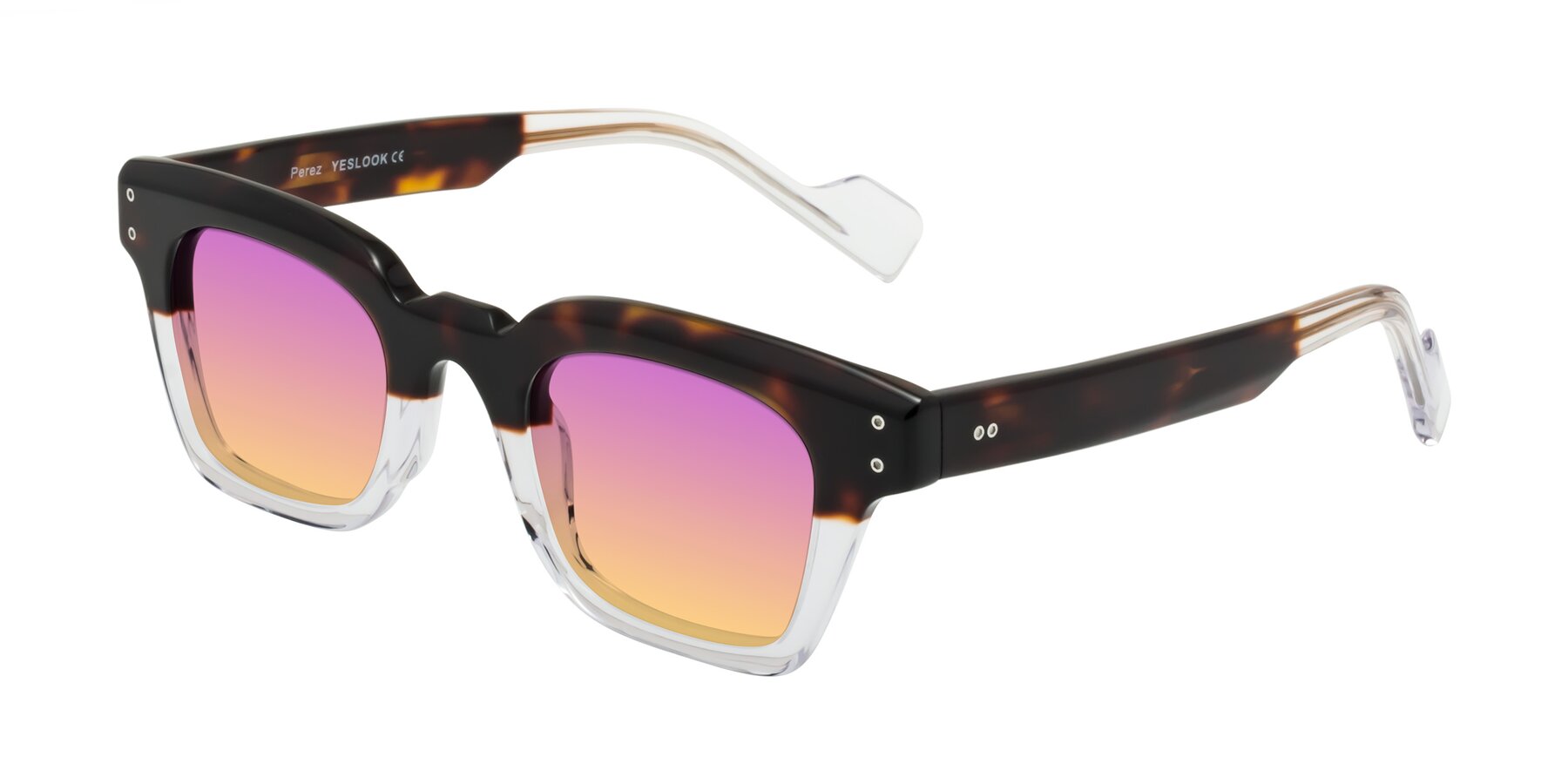 Angle of Perez in Dark Tortoise/Clear with Purple / Yellow Gradient Lenses