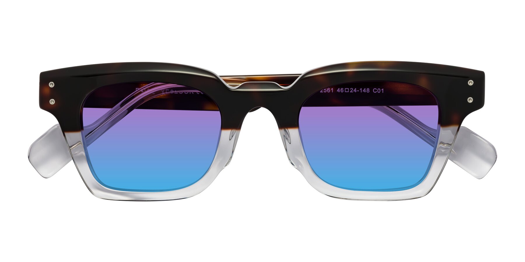 Folded Front of Perez in Dark Tortoise/Clear with Purple / Blue Gradient Lenses