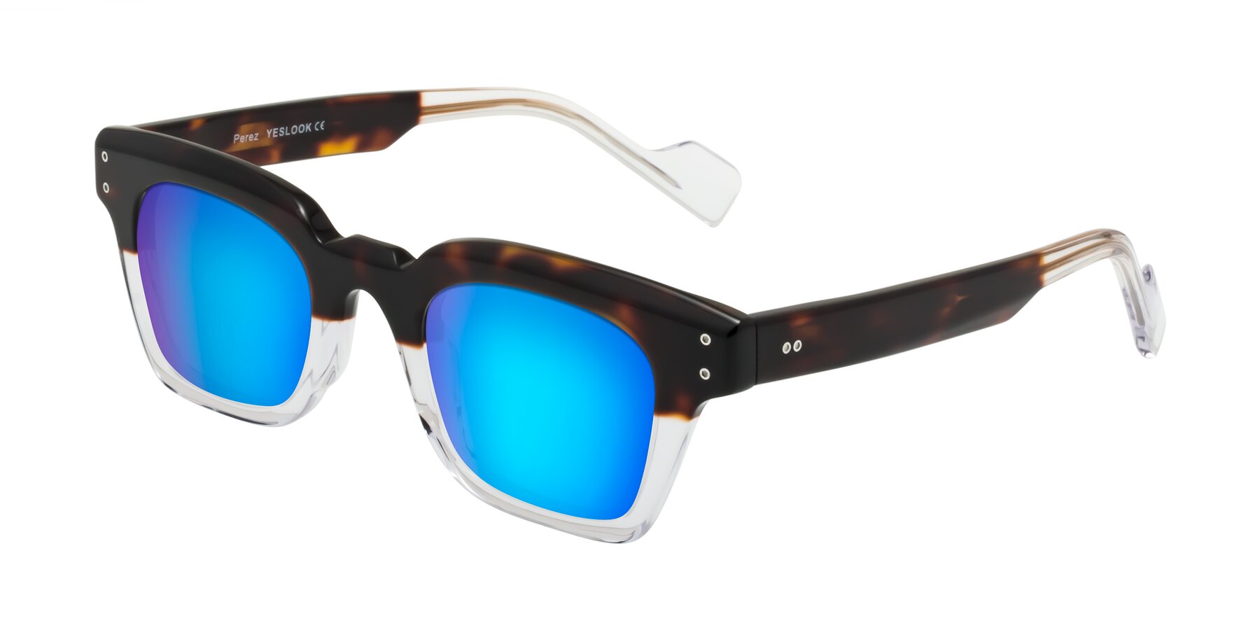Angle of Perez in Dark Tortoise/Clear with Blue Mirrored Lenses