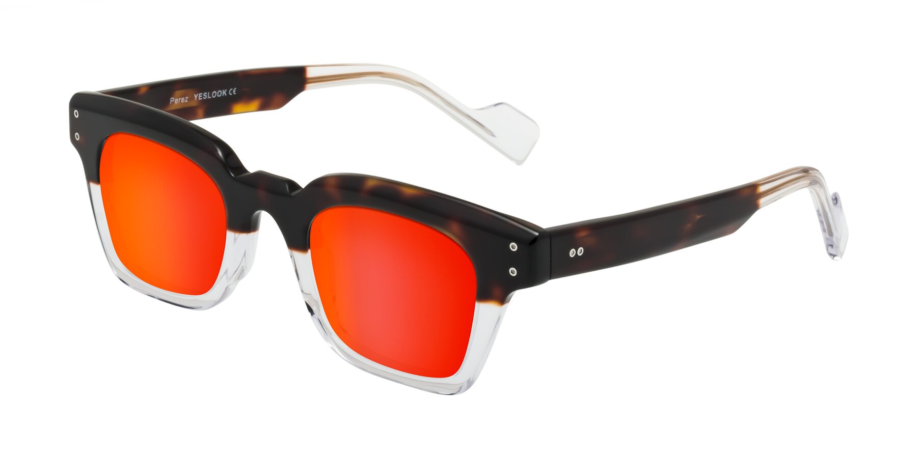 Angle of Perez in Dark Tortoise/Clear with Red Gold Mirrored Lenses