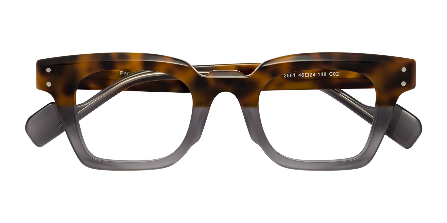 Folded Front of Perez in Tortoise/Gray with Clear Eyeglass Lenses