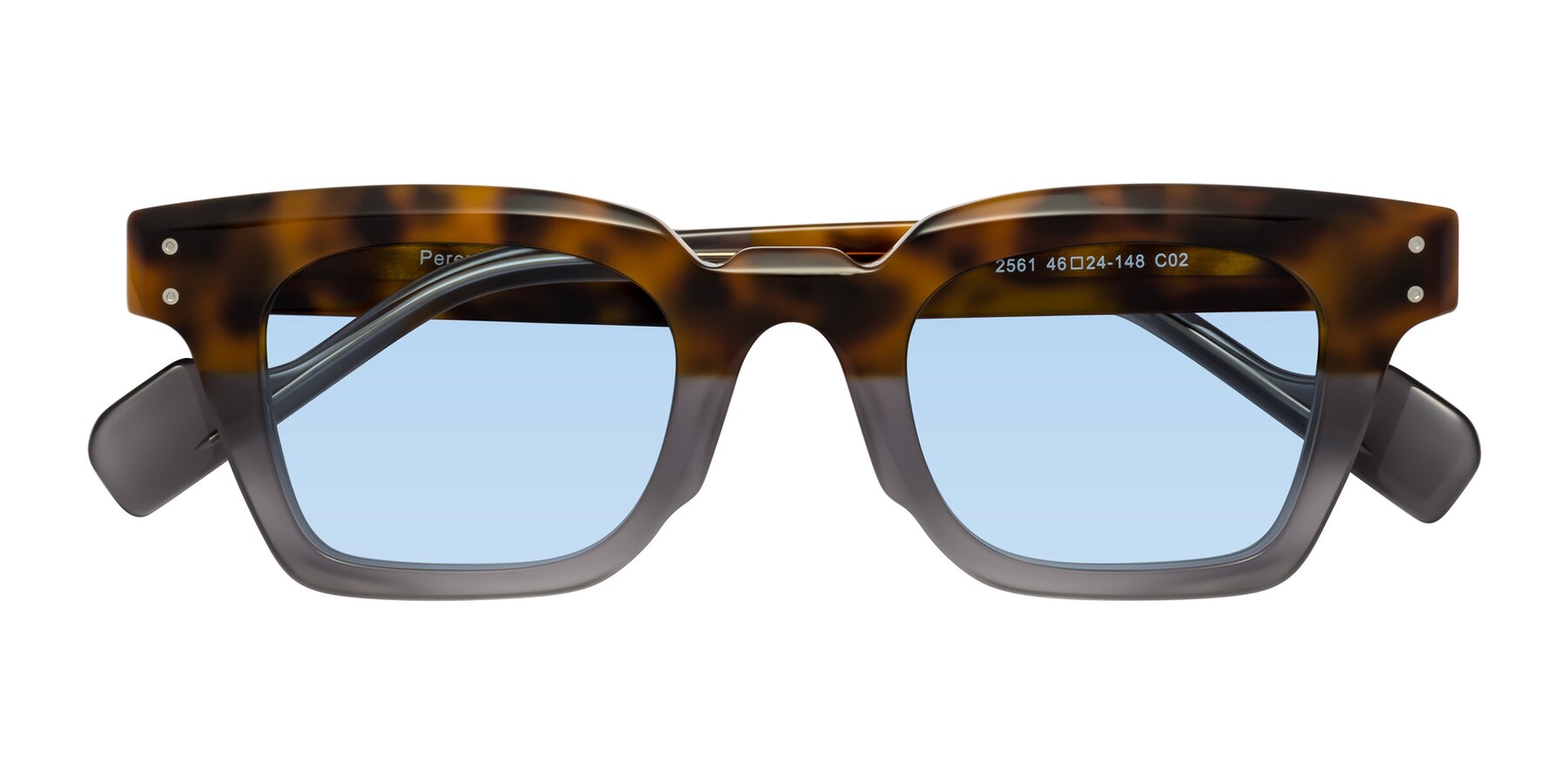 Folded Front of Perez in Tortoise/Gray with Light Blue Tinted Lenses