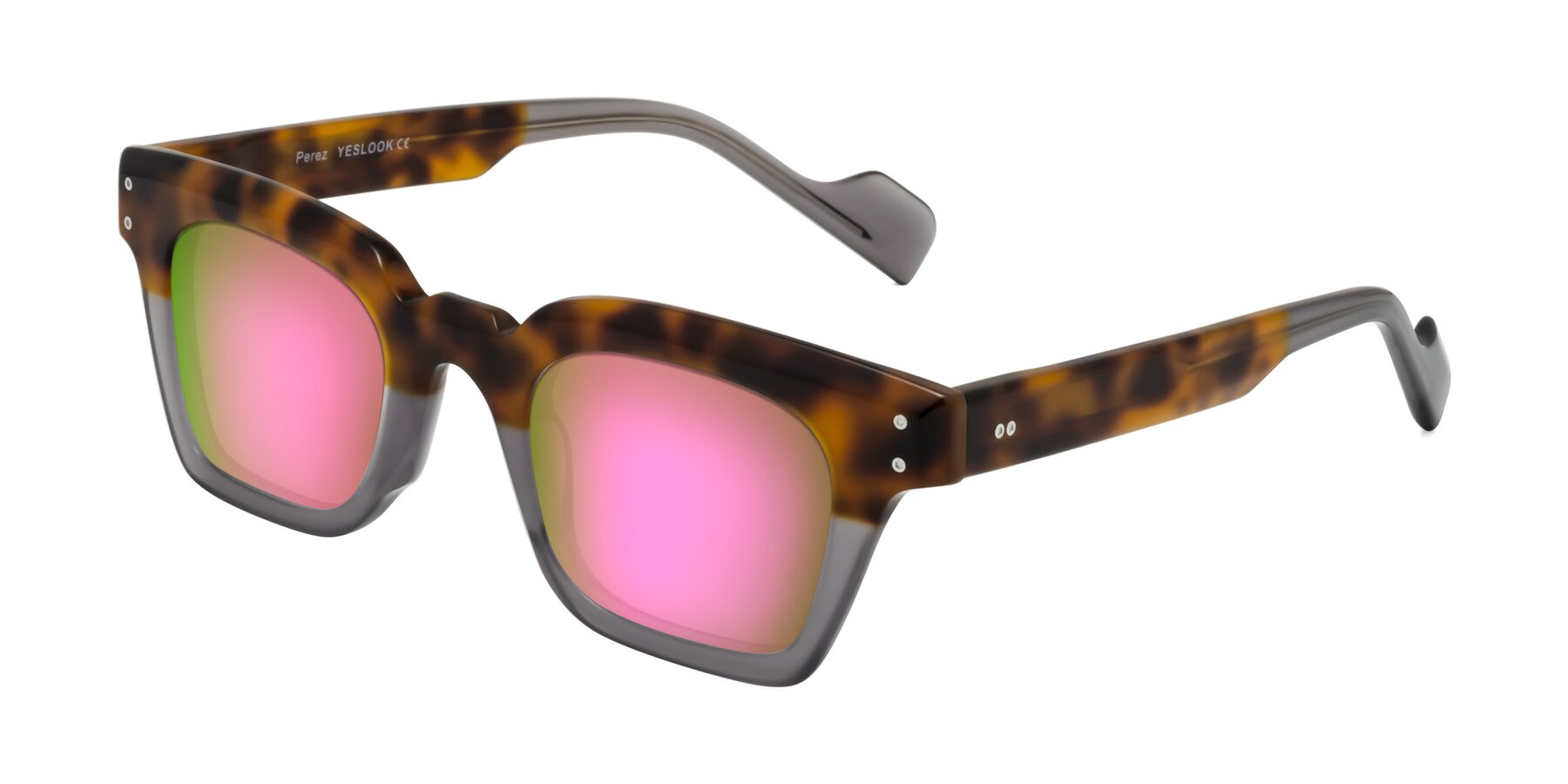 Angle of Perez in Tortoise/Gray with Pink Mirrored Lenses