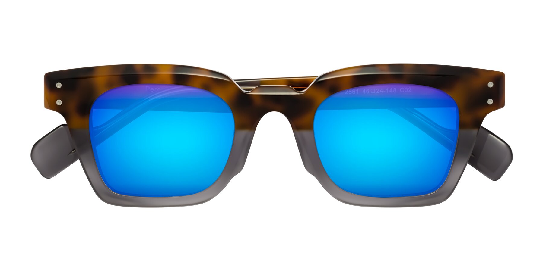 Folded Front of Perez in Tortoise/Gray with Blue Mirrored Lenses
