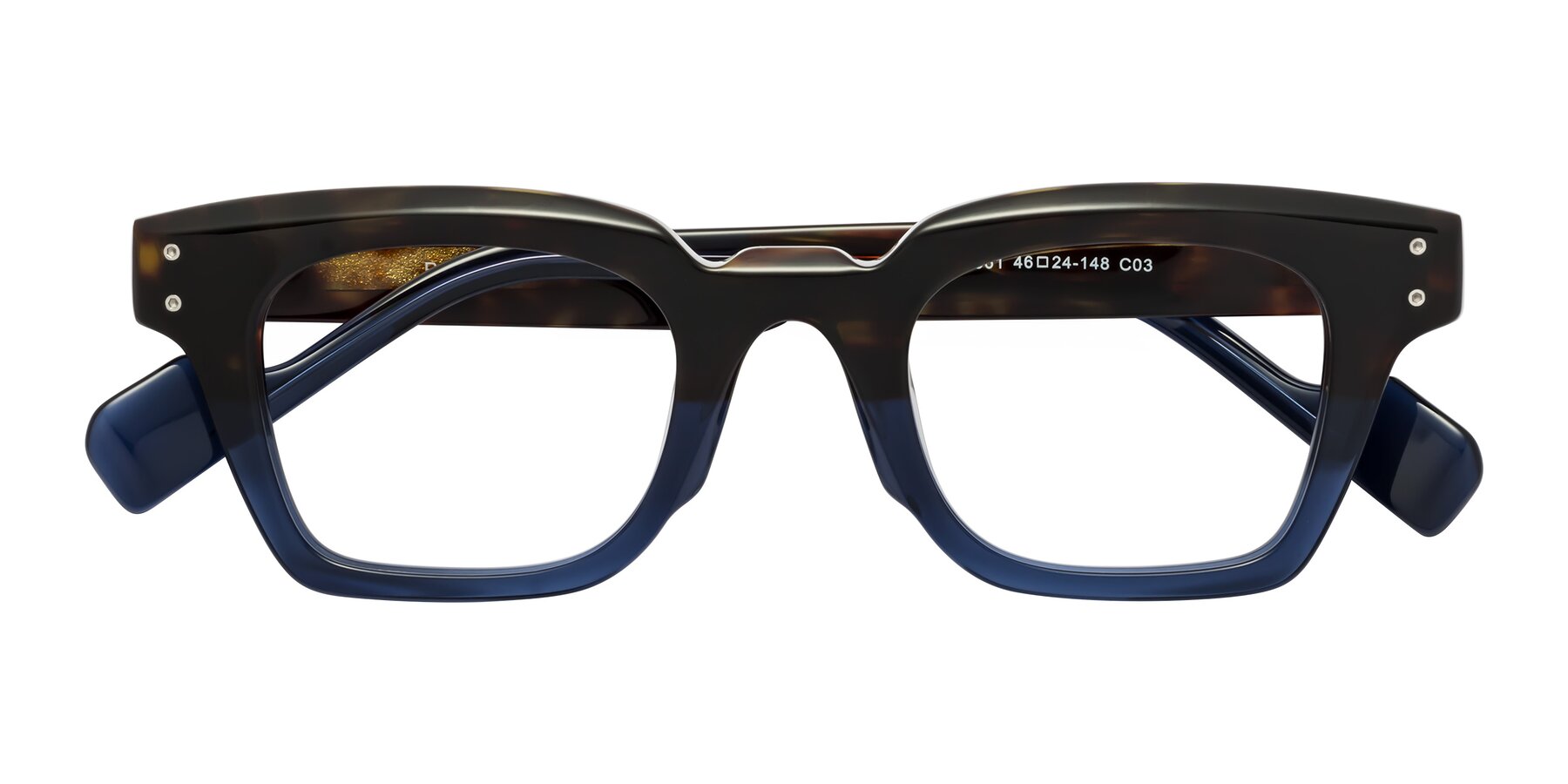 Folded Front of Perez in Dark Tortoise/Blue with Clear Eyeglass Lenses