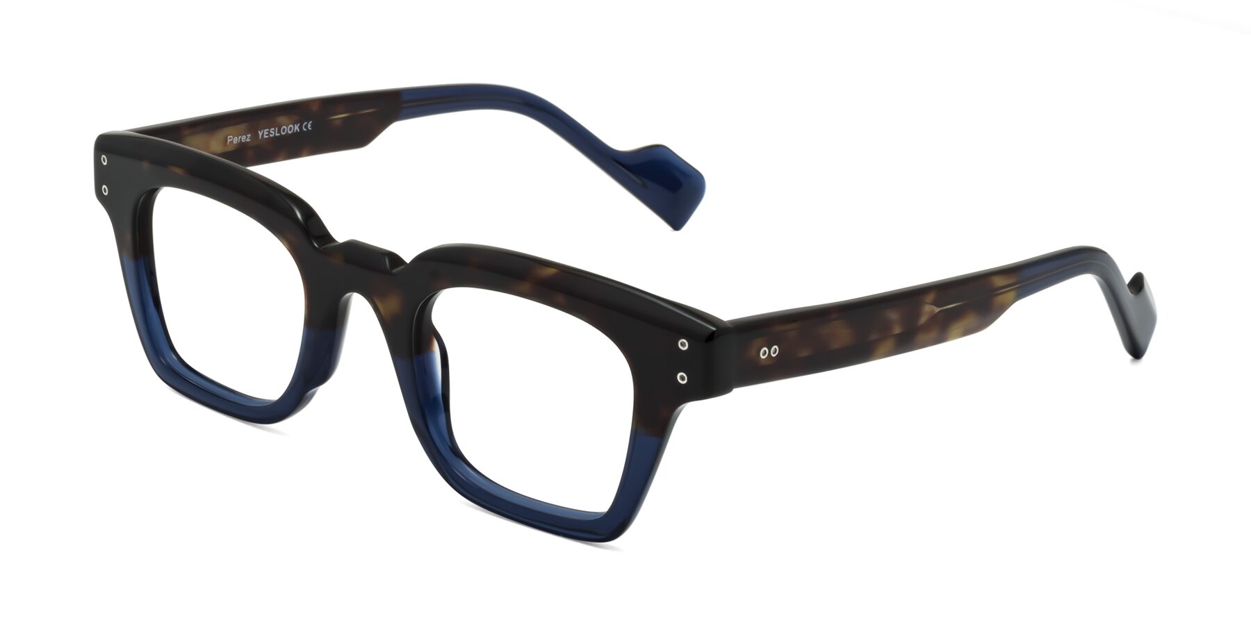 Angle of Perez in Dark Tortoise/Blue with Clear Eyeglass Lenses
