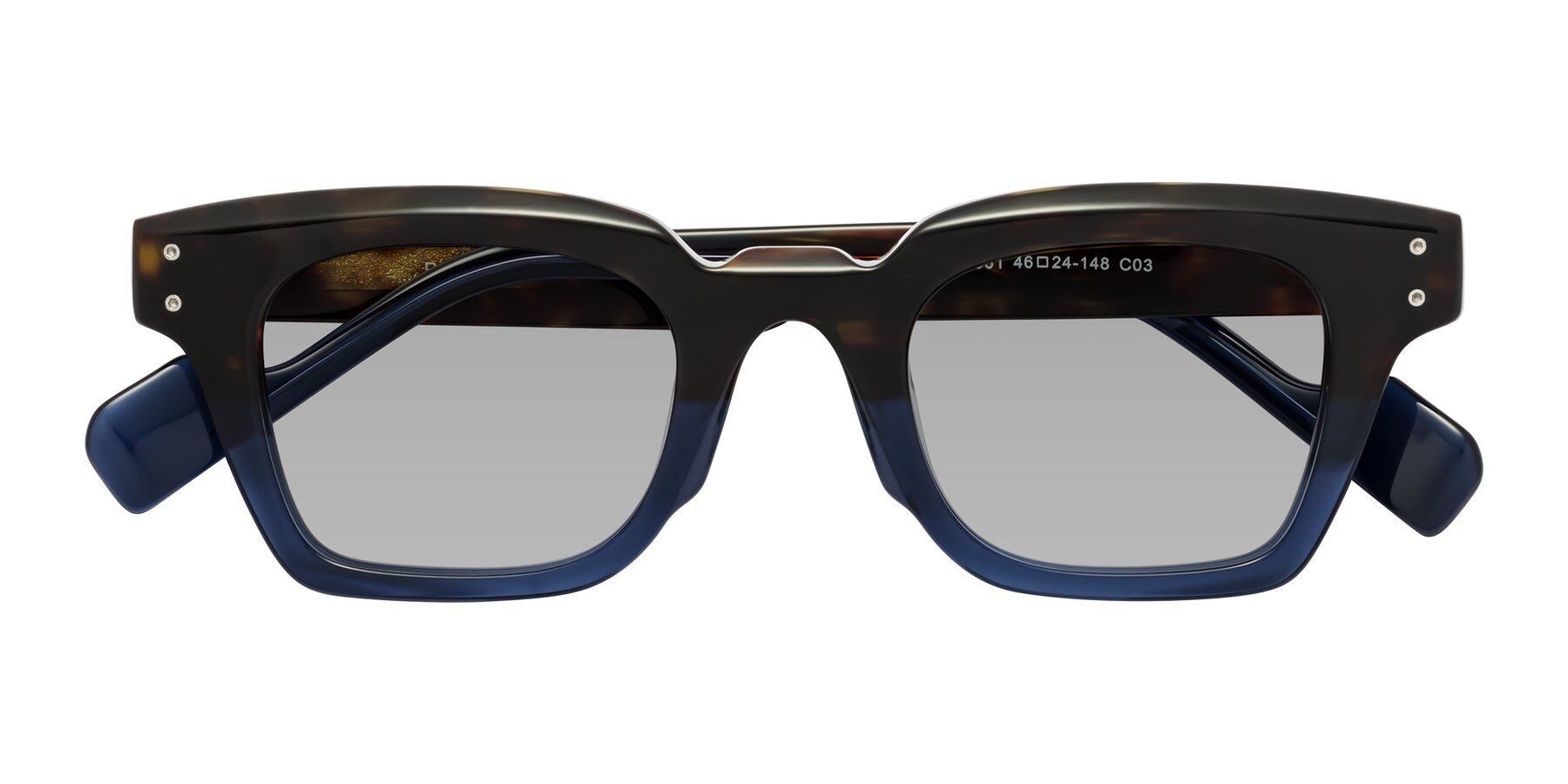 Folded Front of Perez in Dark Tortoise/Blue with Light Gray Tinted Lenses