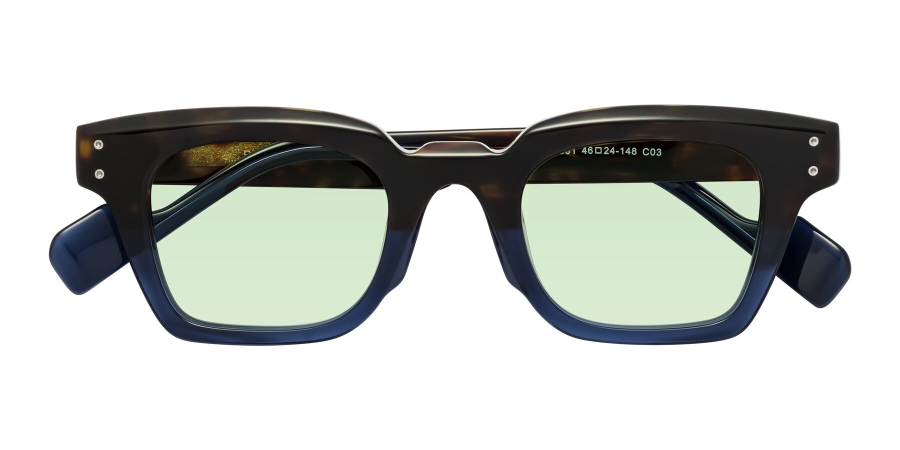 Folded Front of Perez in Dark Tortoise/Blue with Light Green Tinted Lenses