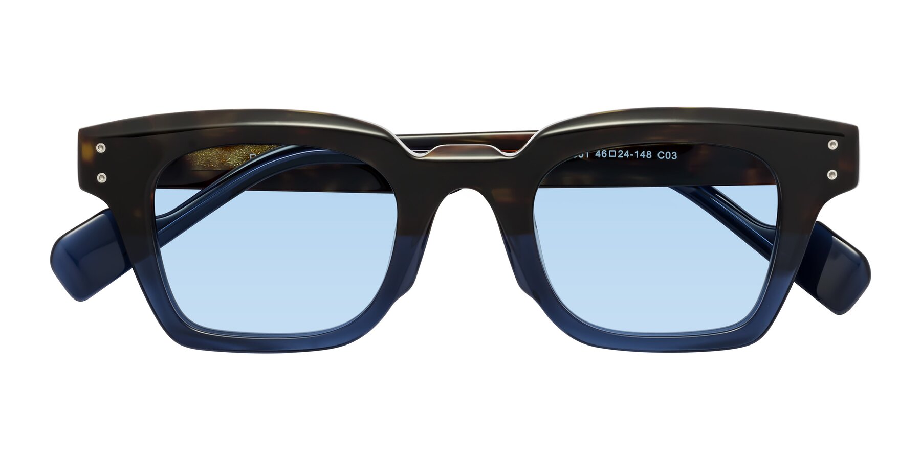 Folded Front of Perez in Dark Tortoise/Blue with Light Blue Tinted Lenses