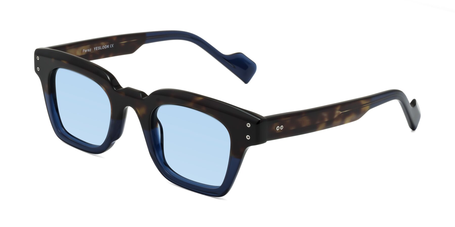 Angle of Perez in Dark Tortoise/Blue with Light Blue Tinted Lenses