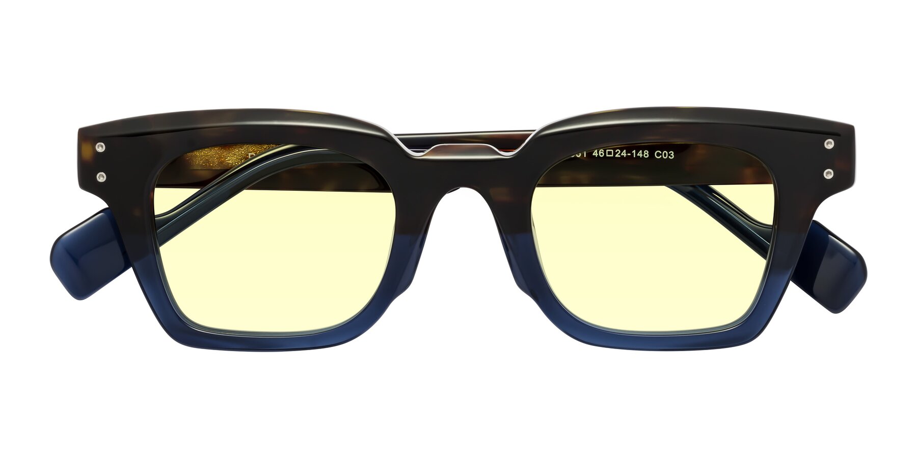 Folded Front of Perez in Dark Tortoise/Blue with Light Yellow Tinted Lenses