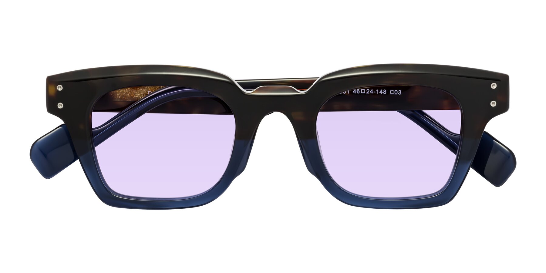Folded Front of Perez in Dark Tortoise/Blue with Light Purple Tinted Lenses