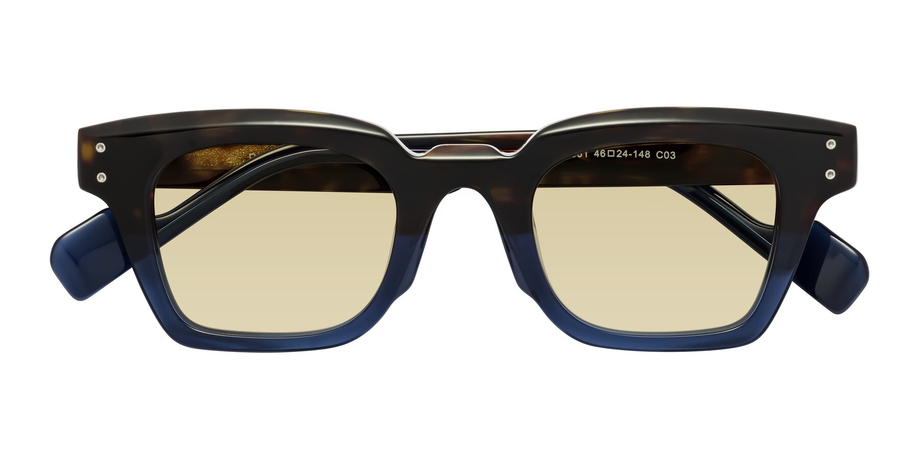 Folded Front of Perez in Dark Tortoise/Blue with Light Champagne Tinted Lenses