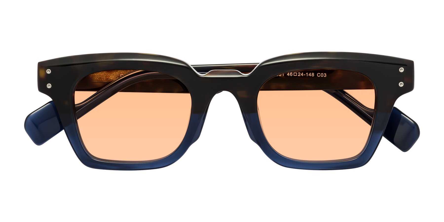 Folded Front of Perez in Dark Tortoise/Blue with Light Orange Tinted Lenses