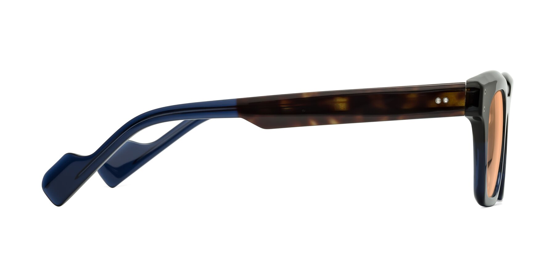 Side of Perez in Dark Tortoise/Blue with Light Orange Tinted Lenses
