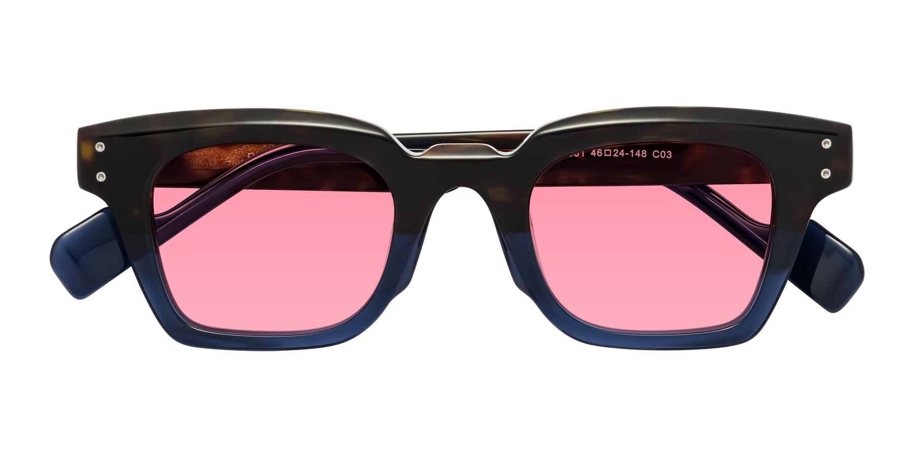 Folded Front of Perez in Dark Tortoise/Blue with Pink Tinted Lenses