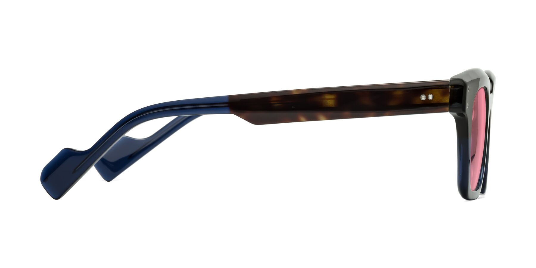 Side of Perez in Dark Tortoise/Blue with Pink Tinted Lenses