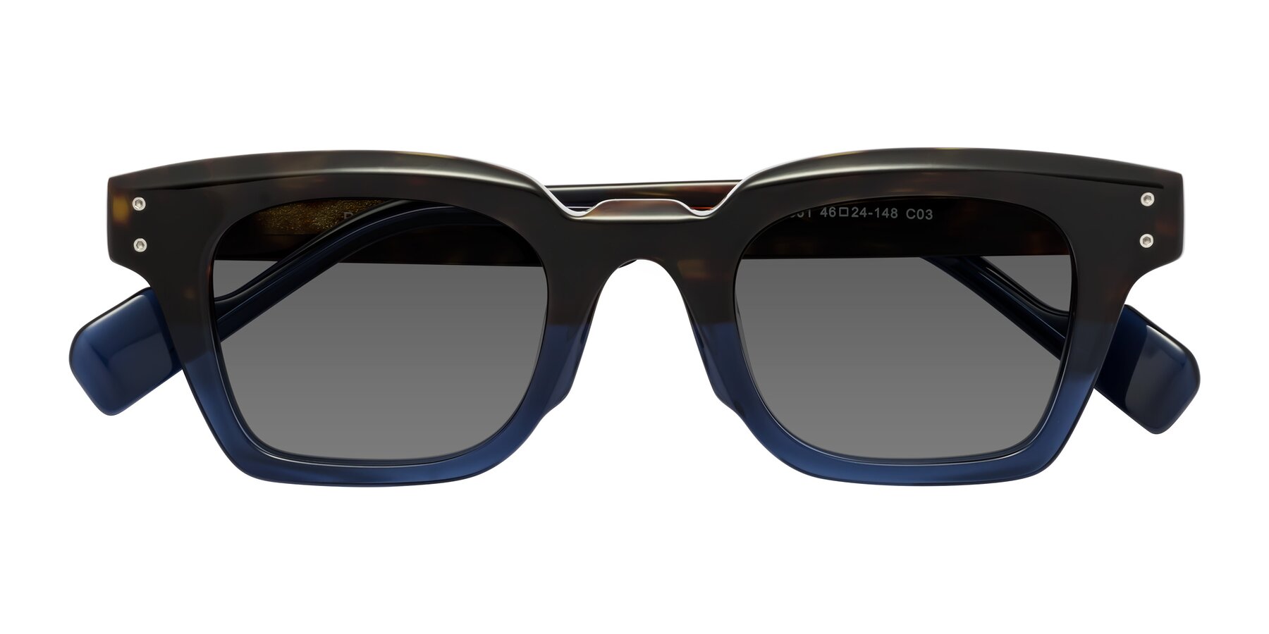 Folded Front of Perez in Dark Tortoise/Blue with Medium Gray Tinted Lenses