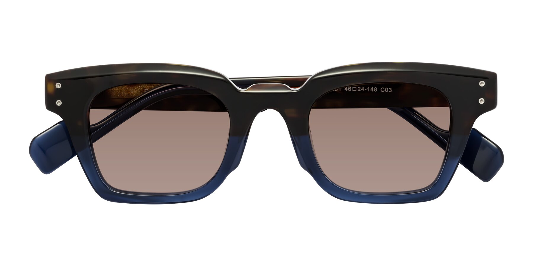 Folded Front of Perez in Dark Tortoise/Blue with Medium Brown Tinted Lenses