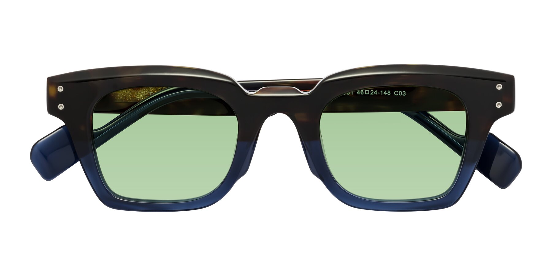Folded Front of Perez in Dark Tortoise/Blue with Medium Green Tinted Lenses