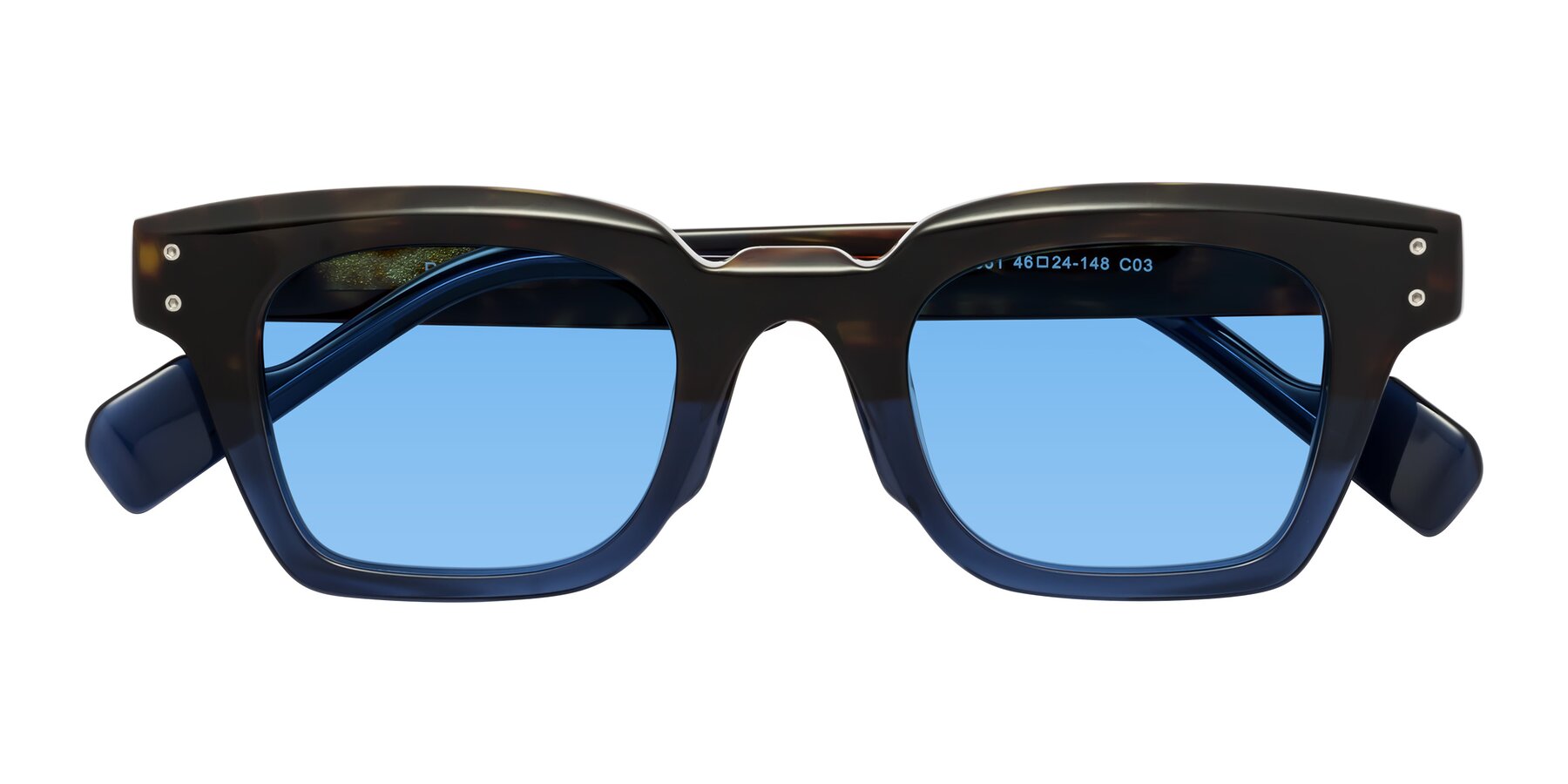 Folded Front of Perez in Dark Tortoise/Blue with Medium Blue Tinted Lenses