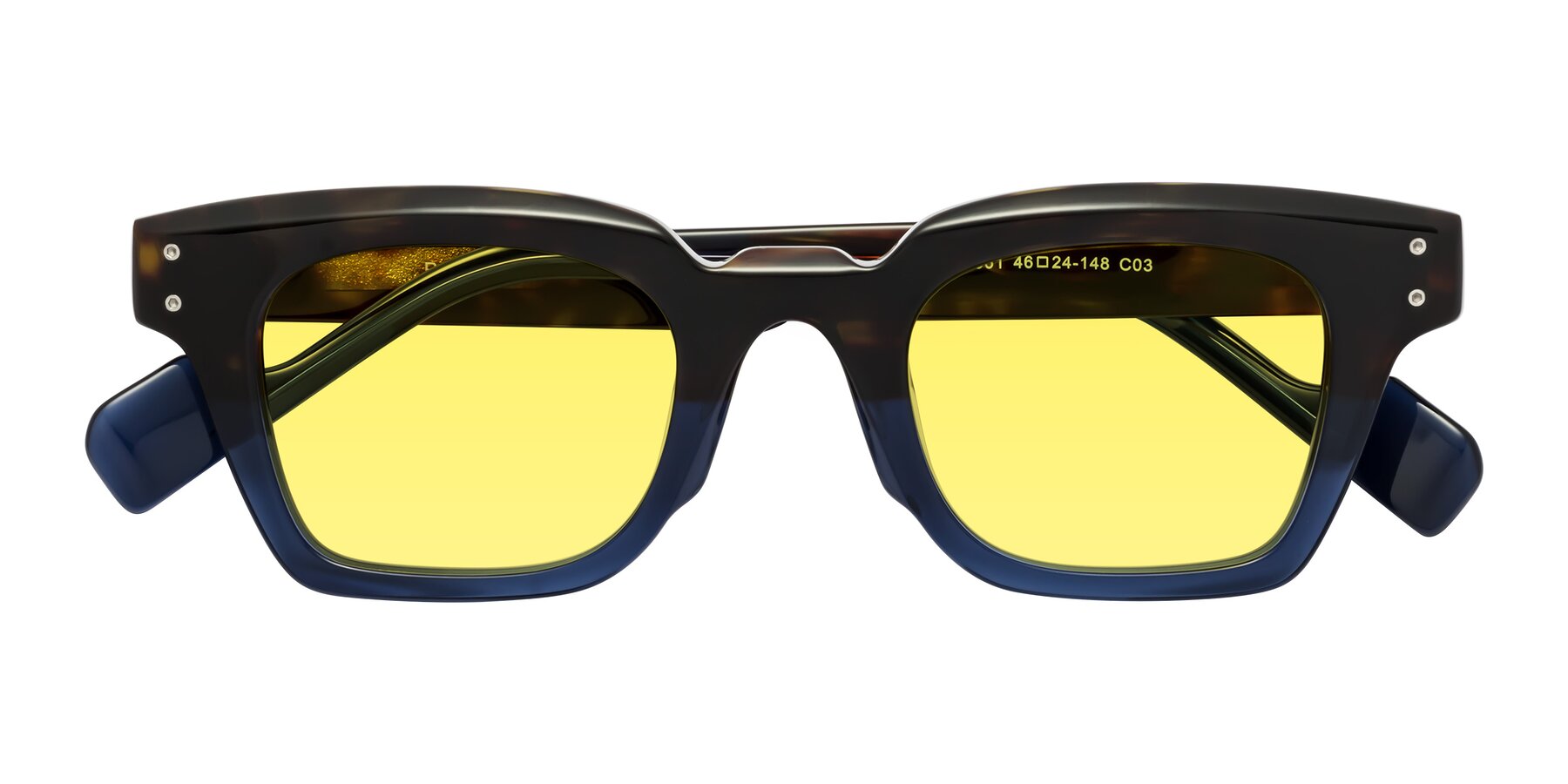 Folded Front of Perez in Dark Tortoise/Blue with Medium Yellow Tinted Lenses