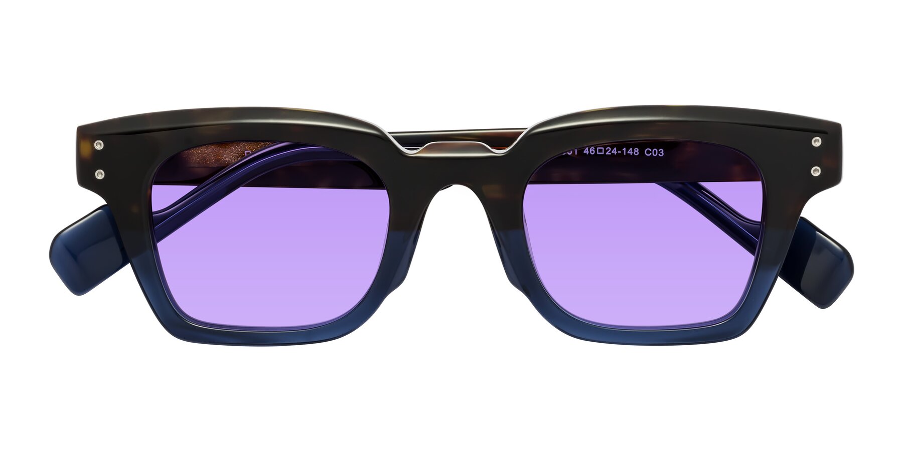 Folded Front of Perez in Dark Tortoise/Blue with Medium Purple Tinted Lenses