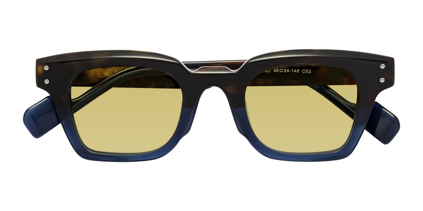 Folded Front of Perez in Dark Tortoise/Blue with Medium Champagne Tinted Lenses