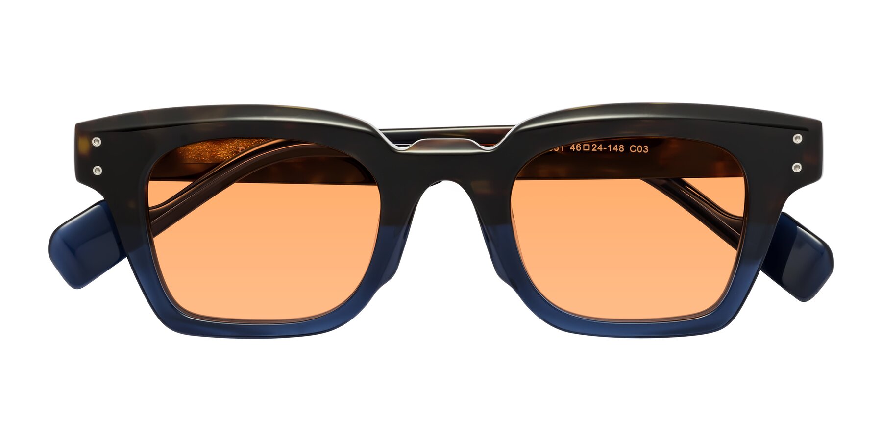 Folded Front of Perez in Dark Tortoise/Blue with Medium Orange Tinted Lenses