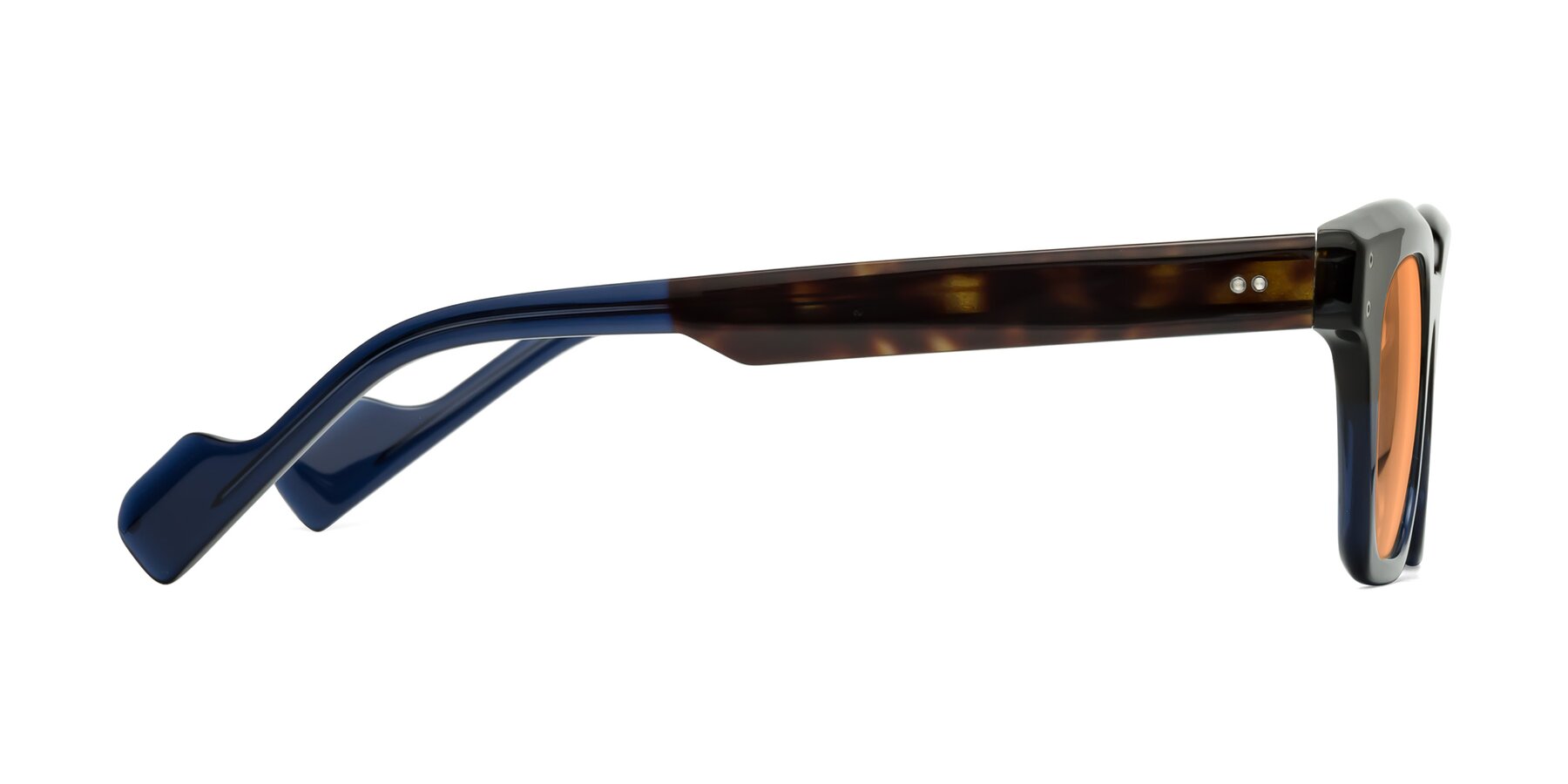 Side of Perez in Dark Tortoise/Blue with Medium Orange Tinted Lenses