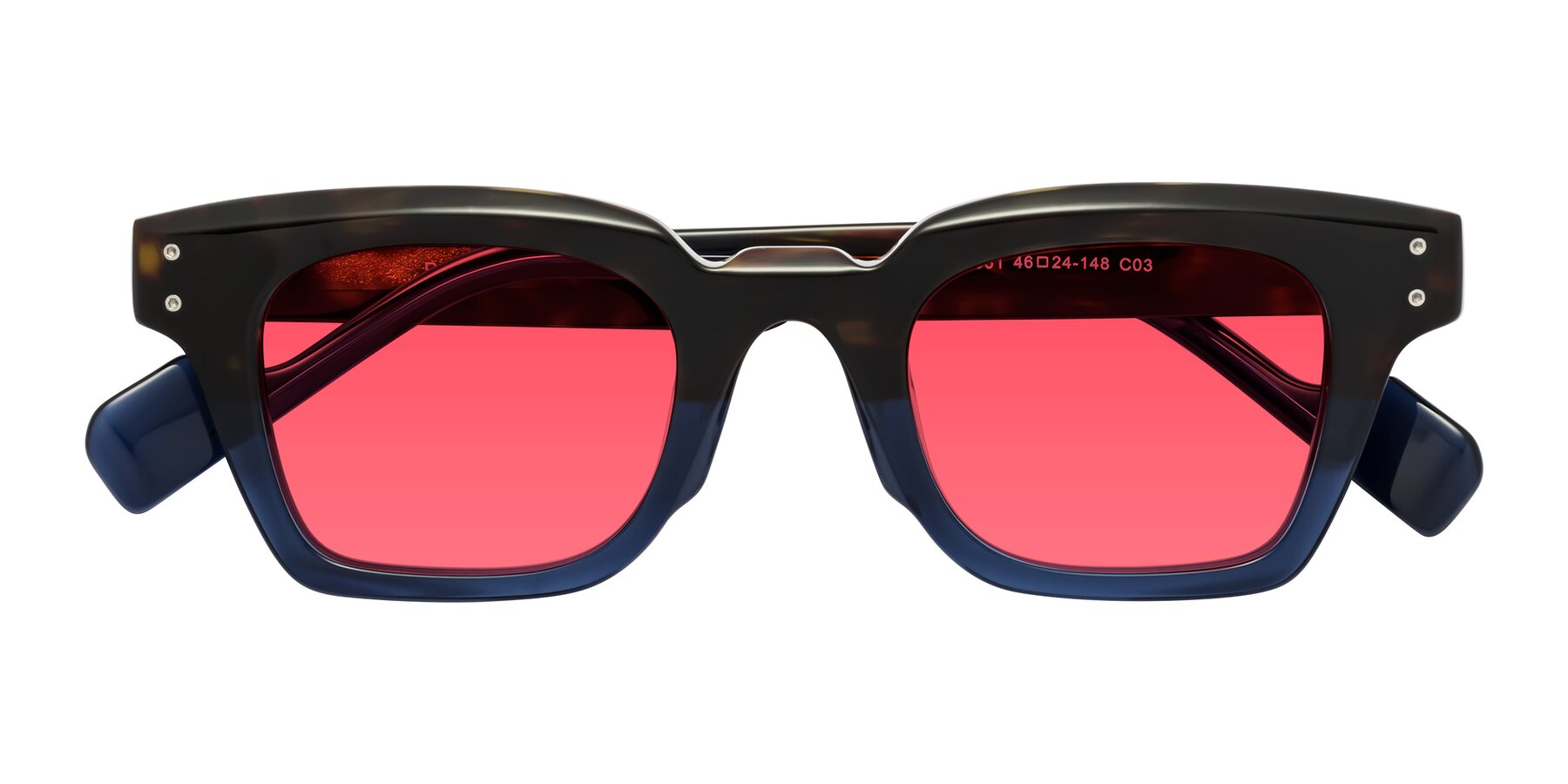 Folded Front of Perez in Dark Tortoise/Blue with Red Tinted Lenses