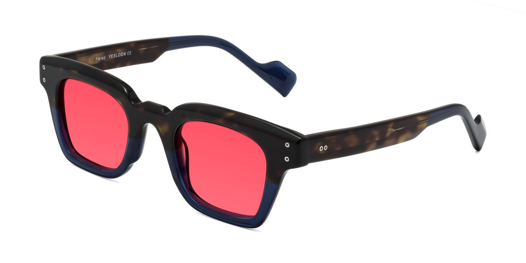 Angle of Perez in Dark Tortoise/Blue with Red Tinted Lenses