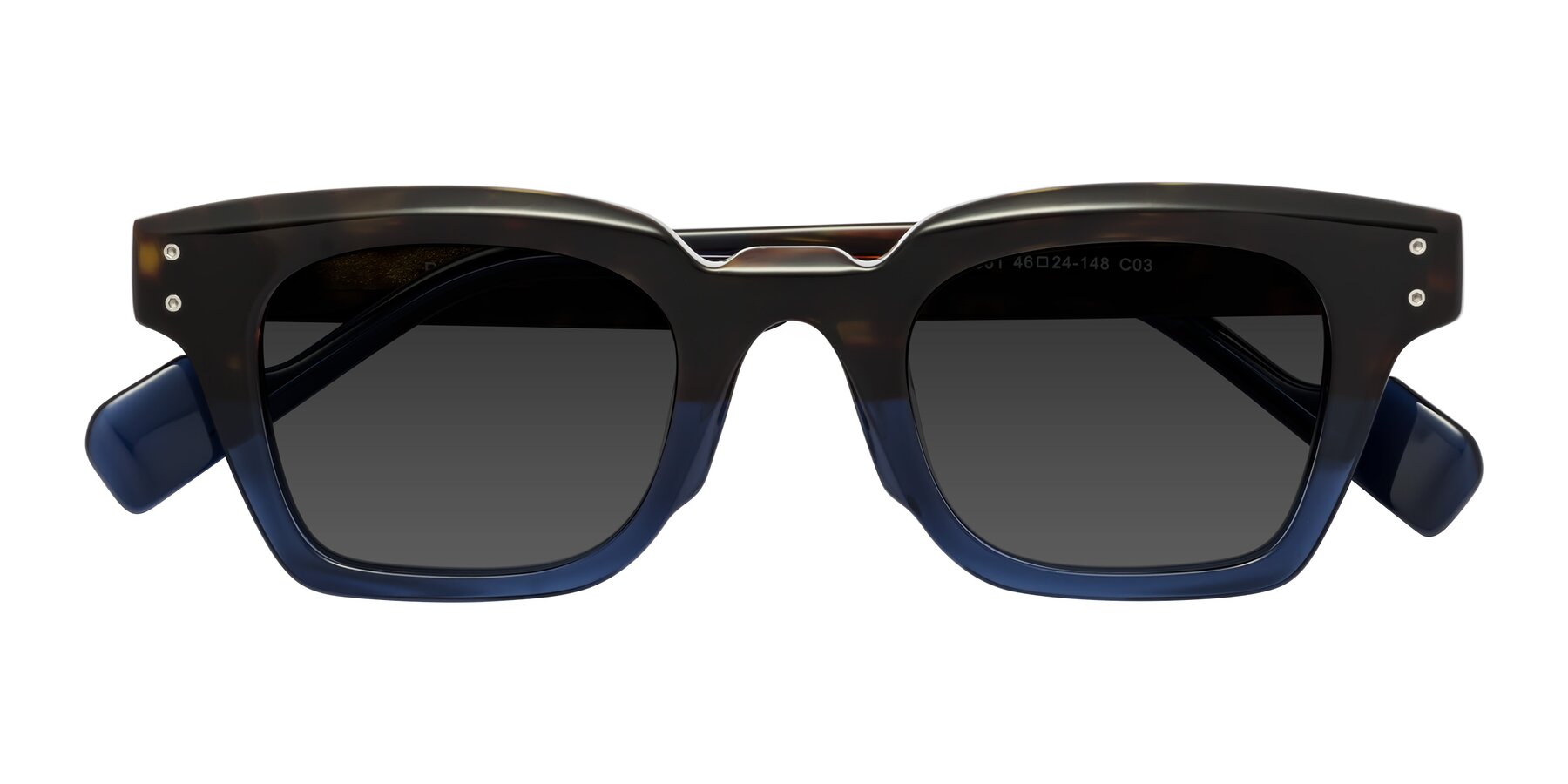 Folded Front of Perez in Dark Tortoise/Blue with Gray Tinted Lenses