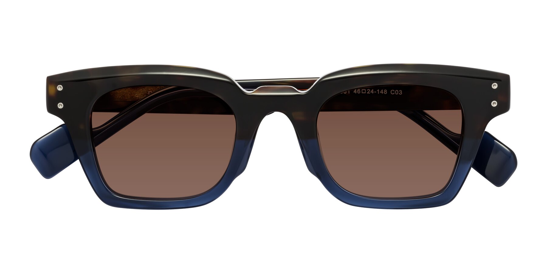 Folded Front of Perez in Dark Tortoise/Blue with Brown Tinted Lenses