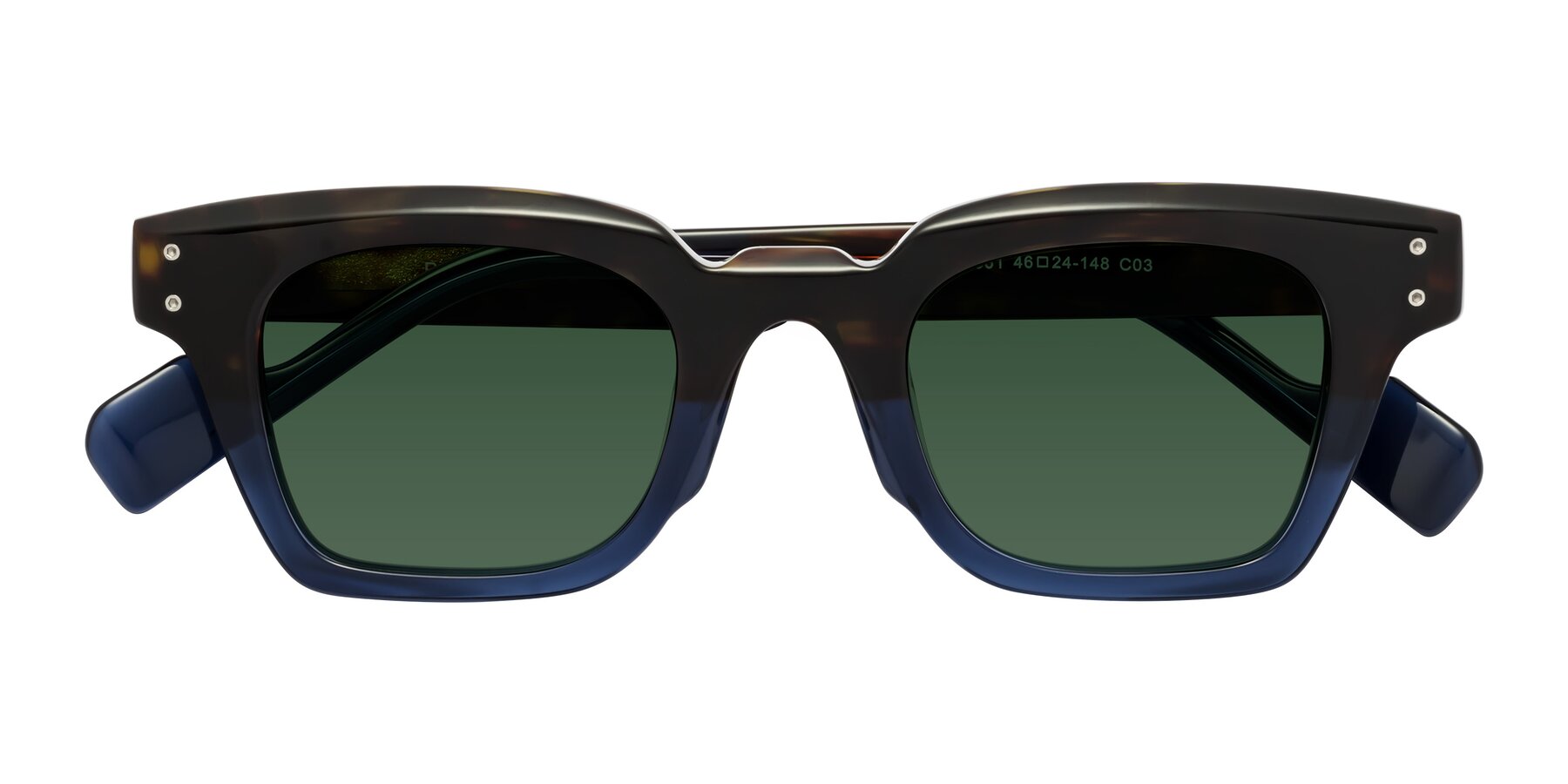 Folded Front of Perez in Dark Tortoise/Blue with Green Tinted Lenses