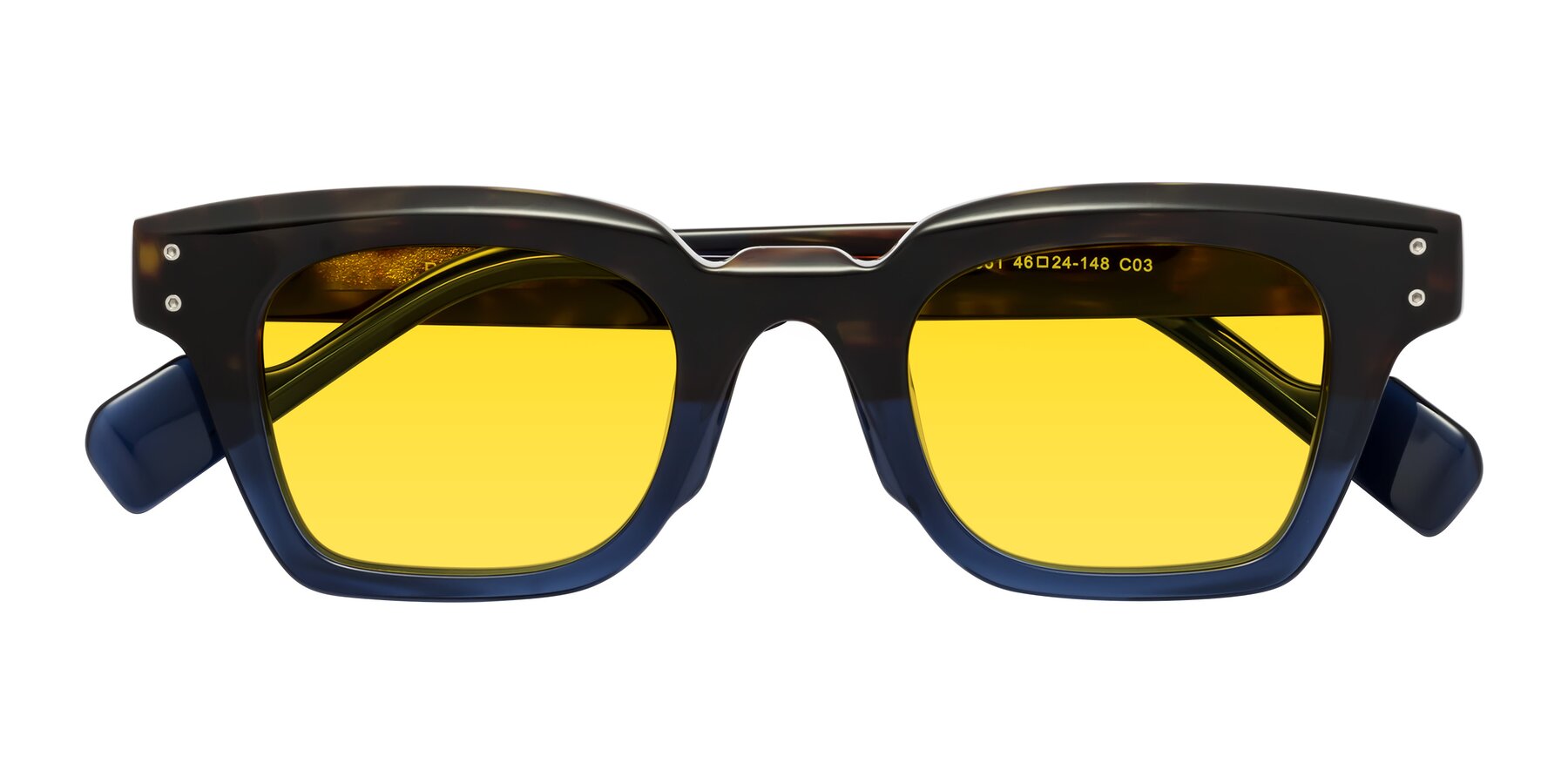 Folded Front of Perez in Dark Tortoise/Blue with Yellow Tinted Lenses