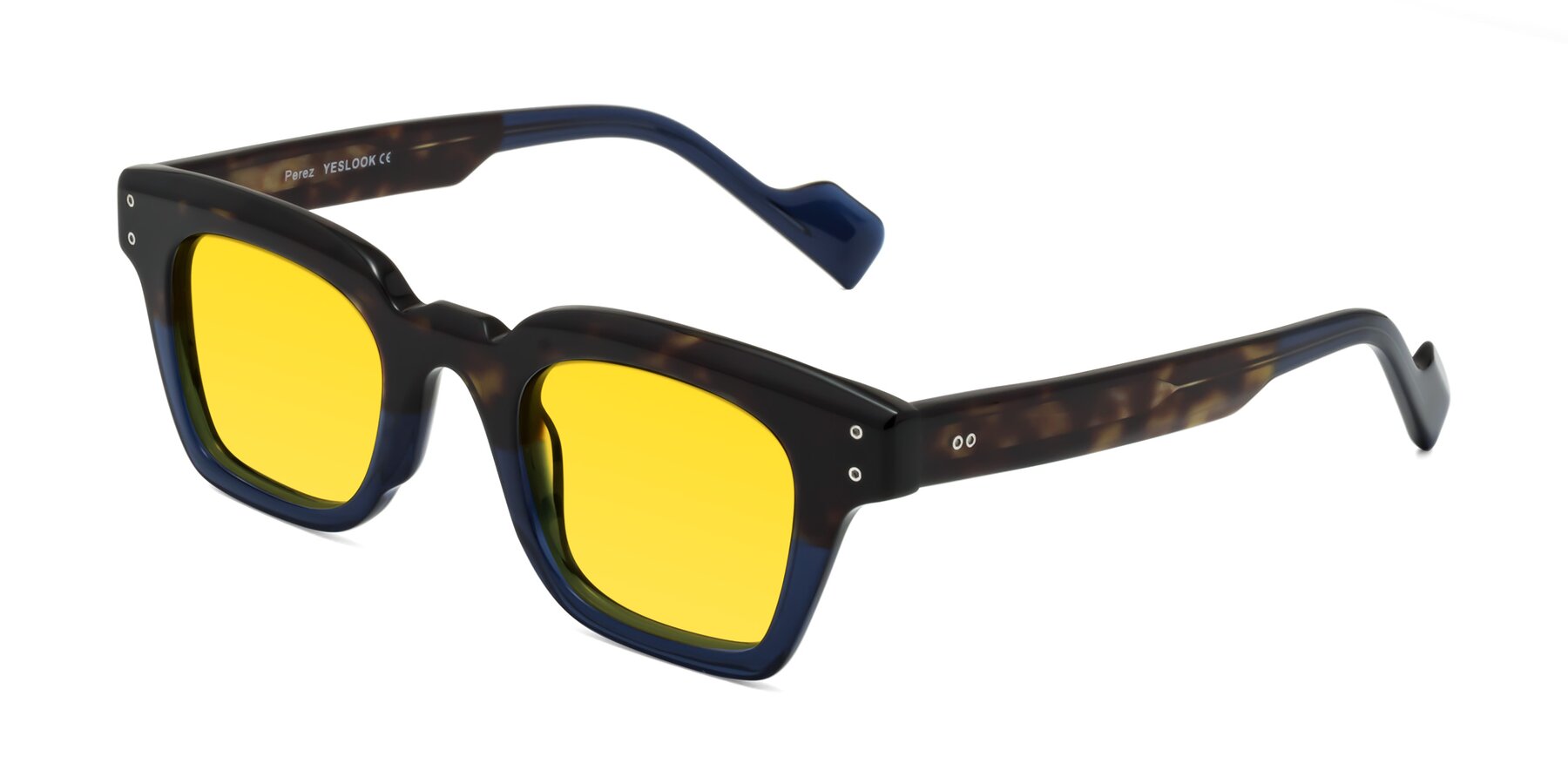 Angle of Perez in Dark Tortoise/Blue with Yellow Tinted Lenses