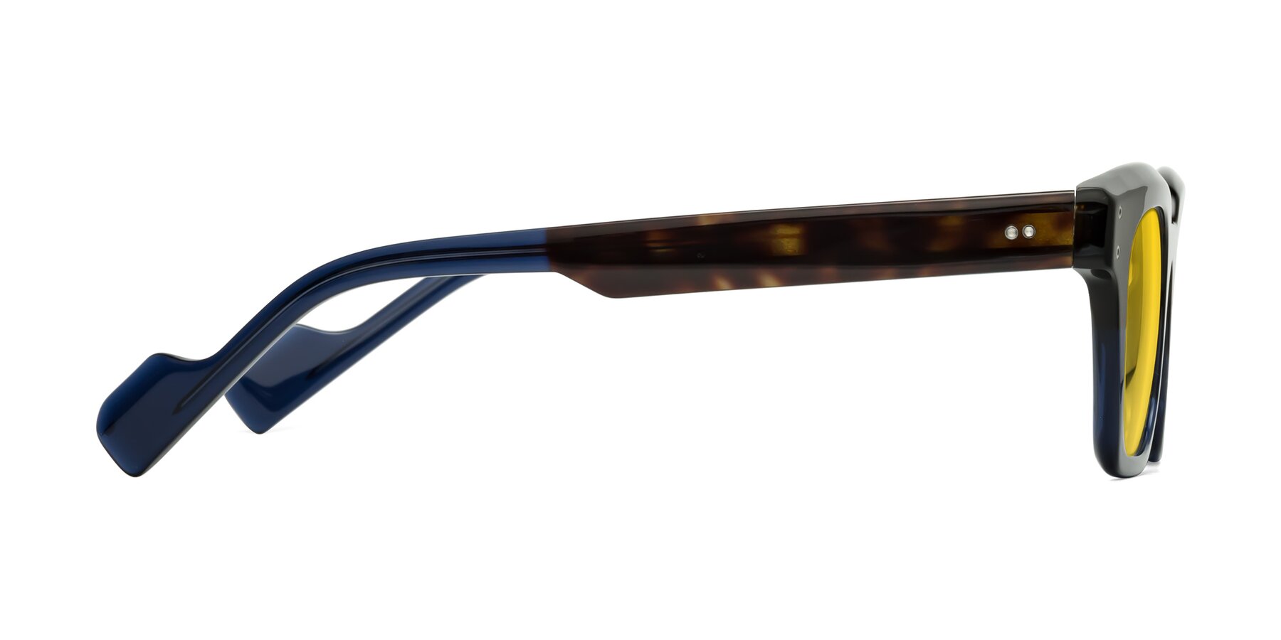Side of Perez in Dark Tortoise/Blue with Yellow Tinted Lenses
