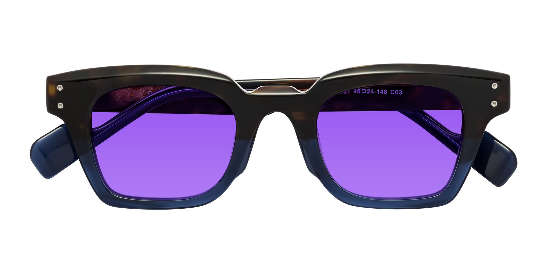 Folded Front of Perez in Dark Tortoise/Blue with Purple Tinted Lenses