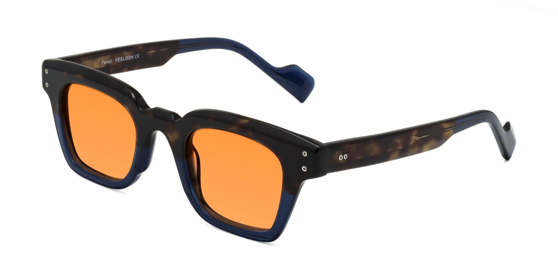 Angle of Perez in Dark Tortoise/Blue with Orange Tinted Lenses
